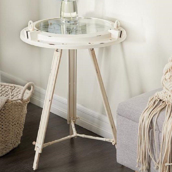 Table d'appoint latérale en métal avec horloge et plateau en verre transparent Wyble, H 24 po x l 19 po x l 19 po, Blanc