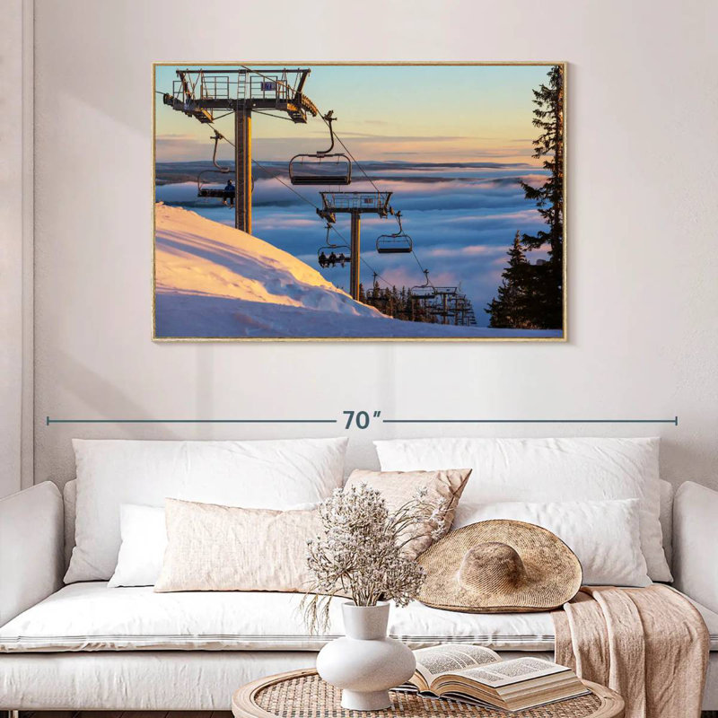 Remontées mécaniques au coucher du soleil, Cadre flottant en bois naturel, 46 po x 31 po