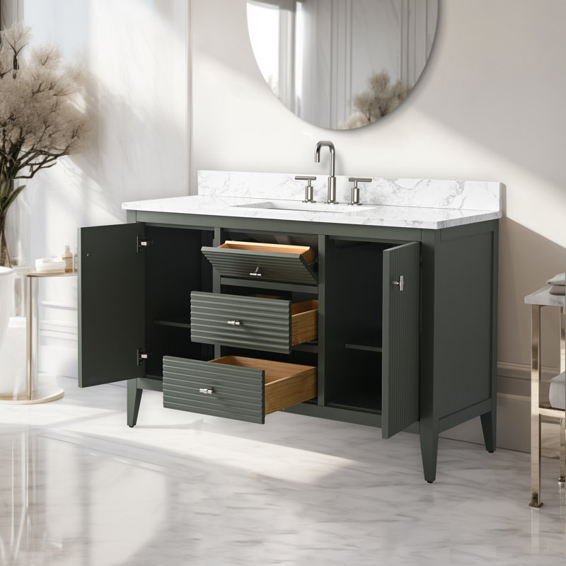 Meuble-lavabo simple 48 po avec plateau en marbre, Nickel brossé, Linéaire vert rétro