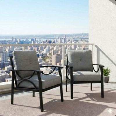 Ensemble de 2 fauteuils en métal toutes saisons, structure noire avec coussins gris