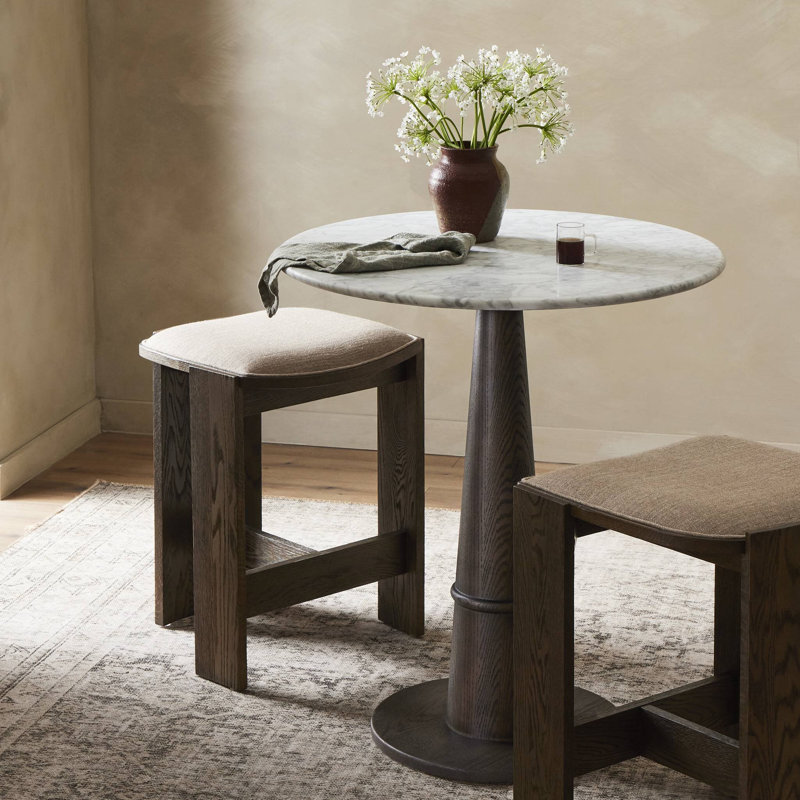 Beverly Marble Dining Table, Honed White Marble/Brown Oak, 42.5" H x 32" L x 32" W