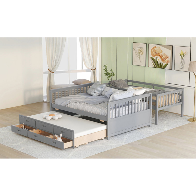 Twin-Over-Full Bunk Bed With Twin Size Trundle , Separable Bunk Bed With Drawers For Bedroom, Grey