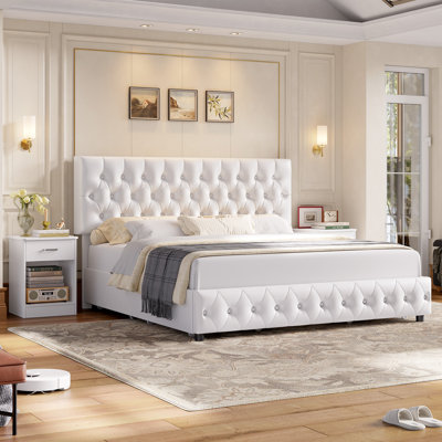 3-Piece Bedroom Set, PU Upholstered Bed with 4 Drawers, 2 Nightstands with Drawer & Shelf, White Faux Leather Storage Platform Bed,Versatile Side Tables