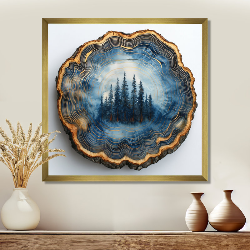 Forêt bleue de Gerzon, glissade sur bois, collage I - art mural forêt, H 16 po x l 16 po, Doré