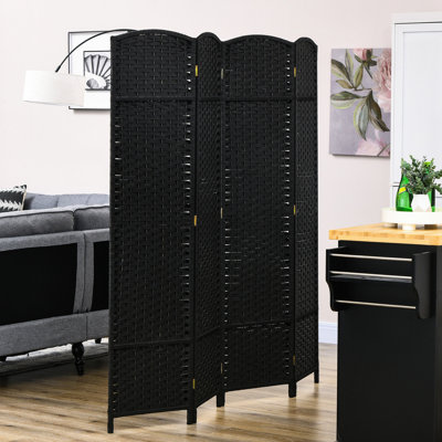 Paravent 4 panneaux de 5,6 pi de hauteur Noir avec élégant motif tissé à la main et plateau arqué captivant pour la maison. Chambre polyvalente, bureau. Structure en bois, sangles en polypropylène.