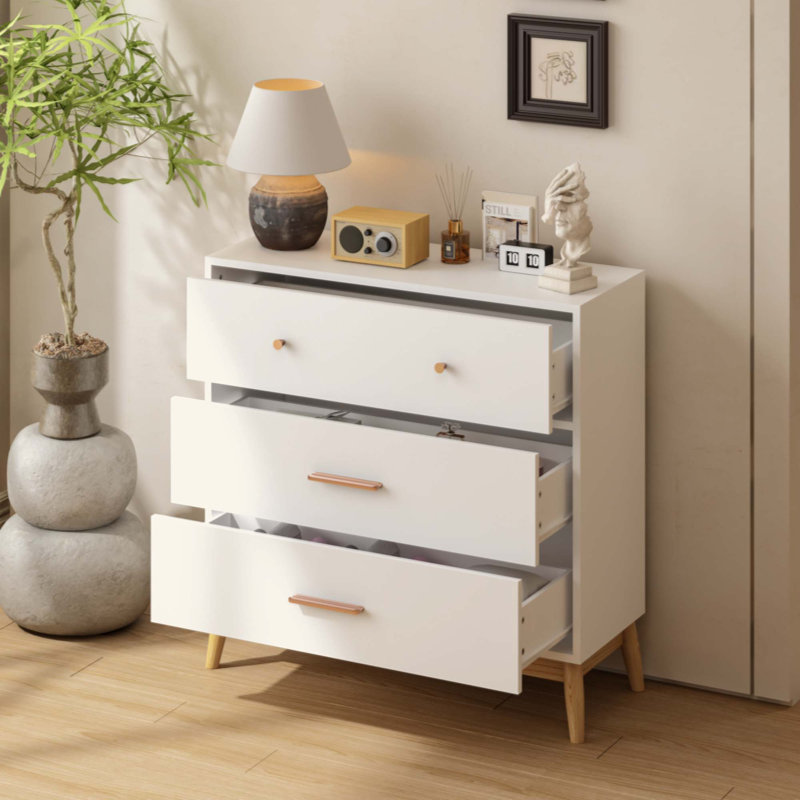 Armoire de rangement à 3 tiroirs de style nordique, commode moderne avec poignées or rose et base en bois massif, petit espace de rangement pour bureau, chambre d'enfant, chambre de bébé