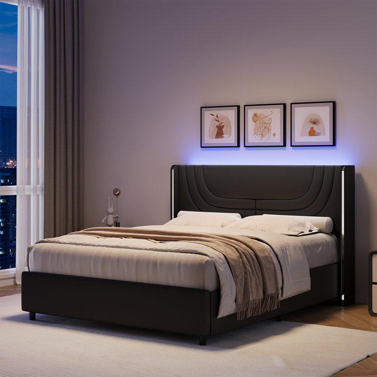 Bed Frame with Headboard and LED Lights, Leather Upholstered Bed Frame, Wingback/Headboard Splicing Design, No Box Spring Needed, Easy Assembly