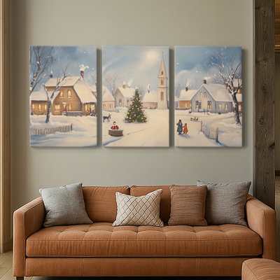 Village de Noël enneigé avec sapin décoré - Triptyque en 3 toiles aquarelle - 32 x 48 cm par panneau, prêt à accrocher - Série Noël X