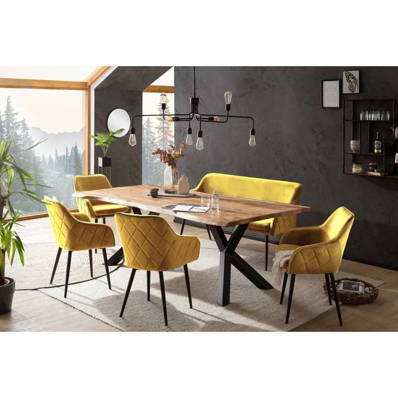 6 - Person Dining Set, Black/Natural/Mustard yellow, 75cm H x 200cm W x 100cm D, Natural/Mustard yellow/Black