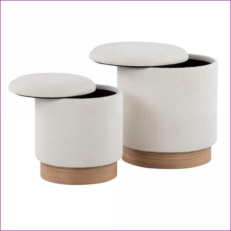Ottoman Set, 2-Piece Contemporary Cream Fabric &amp; Natural Wood | Space-Saving Nesting | Walnut Brown | Natural Wood, Cream