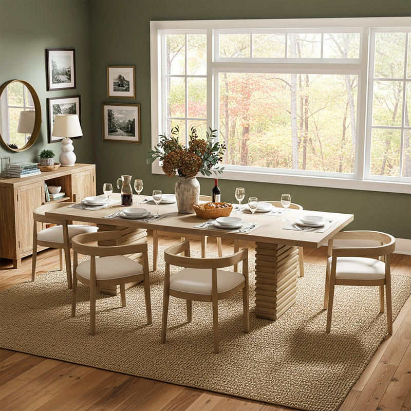 Prescott Mid-Century Modern 7-Piece Dining Set With 95-Inch Double Pedestal Table And Upholstered Arm Chairs