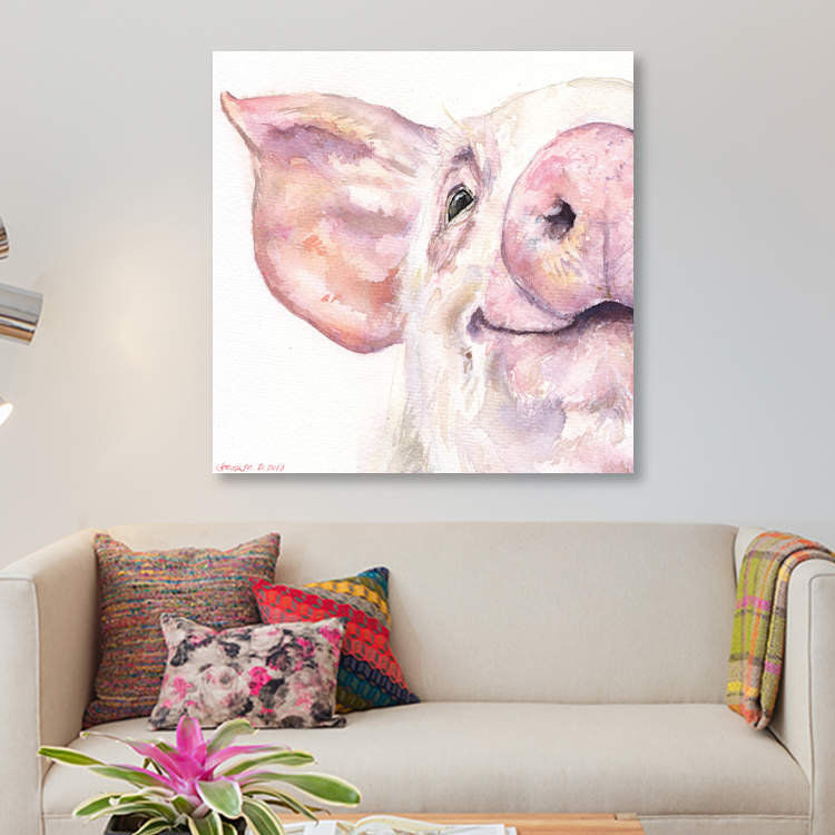 «Happy Pig» par George Dyachenko - Estampe numérique sur toile tendue avec châssis, H 37 po x l 37 po x P 1,5 po
