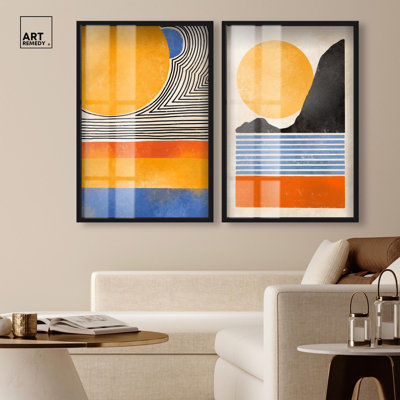 Ensemble d'art abstrait moderne « Geometric Sun Duo » avec cadre-vitrine, par Art Remedy, cadre noir, 10 x 15