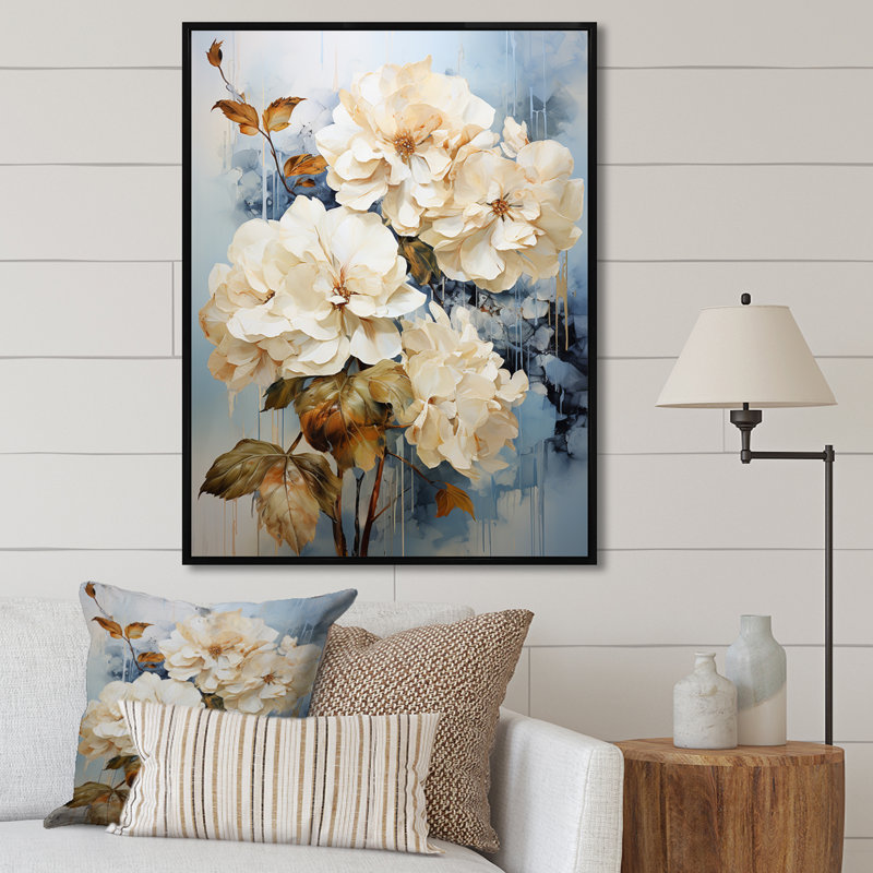 " Minimal Beige Hydrangea Grace ", Black Floater Framed, 32" H x 16" W x 1" D