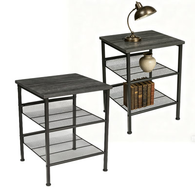 Ensemble de 2 tables de bout industrielles à 3 niveaux - Structure en métal robuste, tablettes en filet, design carré peu encombrant - Parfait pour le salon ou la chambre à coucher - Tables d'appoint rustiques durables - Gris foncé