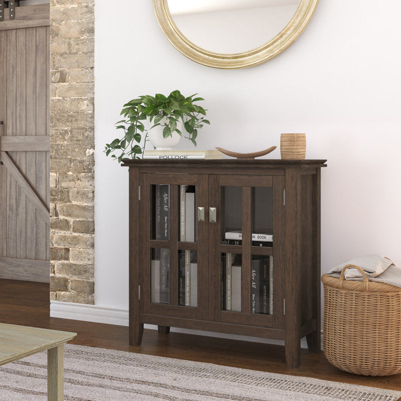 Artisan 30"W Solid Wood Transitional Low Storage Cabinet with Glass Doors and Adjustable Shelves, Farmhouse Brown