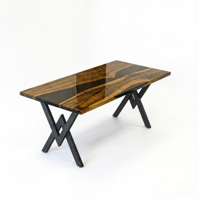 72" Solid Walnut Black Epoxy River Dining Table, 6-Seater Rectangular Resin Wood Kitchen Table with Geometric Metal Base