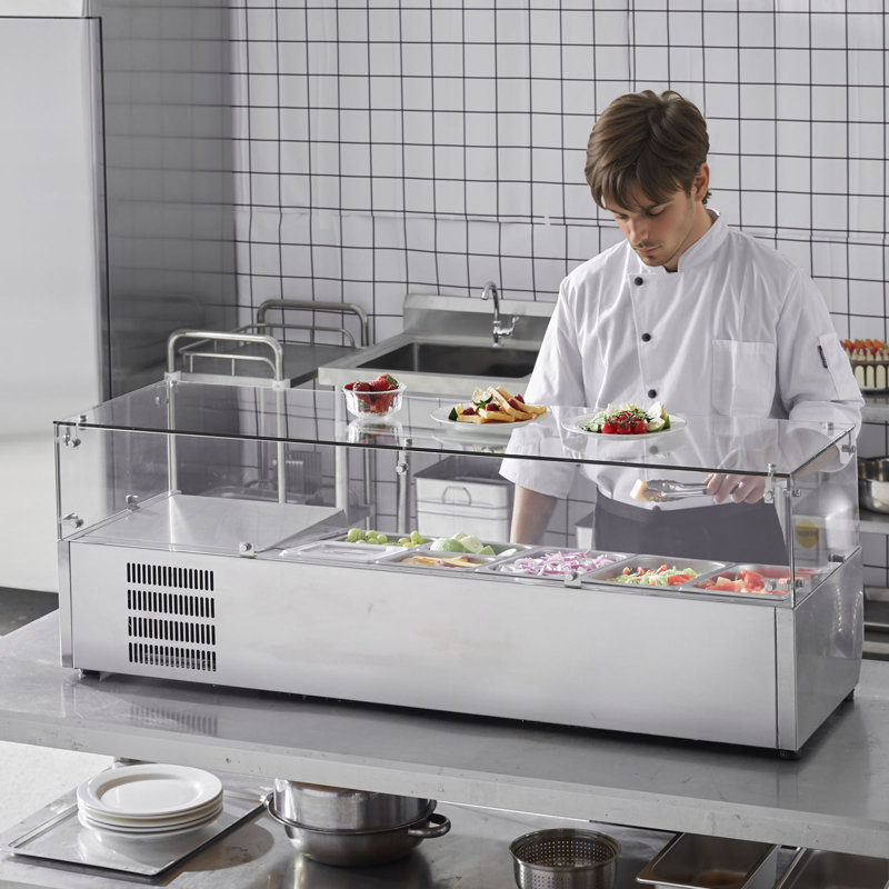 51'' Stainless Steel Refrigerated Condiment Prep Station with Glass Guard