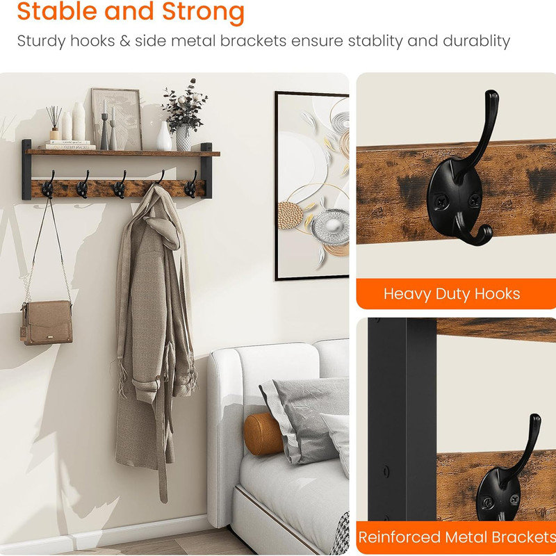 24'' Rustic Brown Wall Mounted Coat Rack with Shelf and Black Hooks