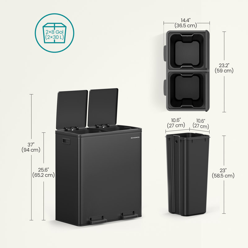 Cardis Steel Step On Multi-Compartment Rubbish & Recycling Bin - 60L, Black