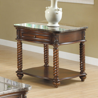 Table de bout traditionnelle en marbre avec plateau inférieur et tiroir
