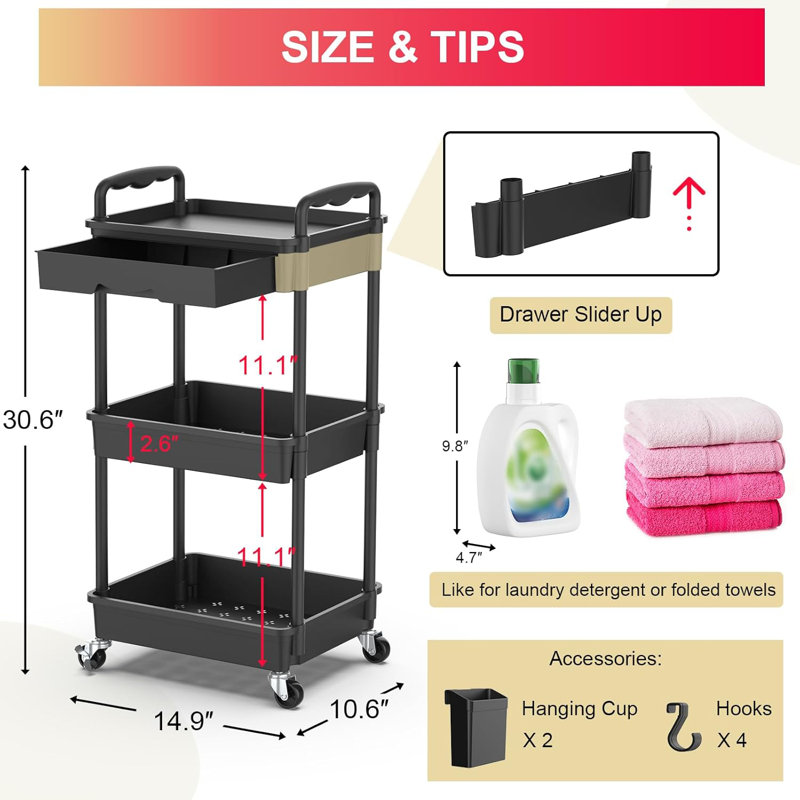 Organisateur de chariot utilitaire roulant à 3 niveaux avec tiroir amovible, chariots de rangement roulants noirs stables et robustes