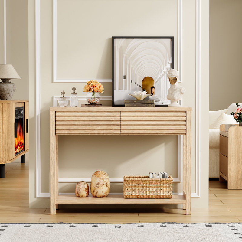 40" Fluted Console Table with 2 Drawers, Modern Wood 2 Tier Entryway Table with Storage Shelf, Grey