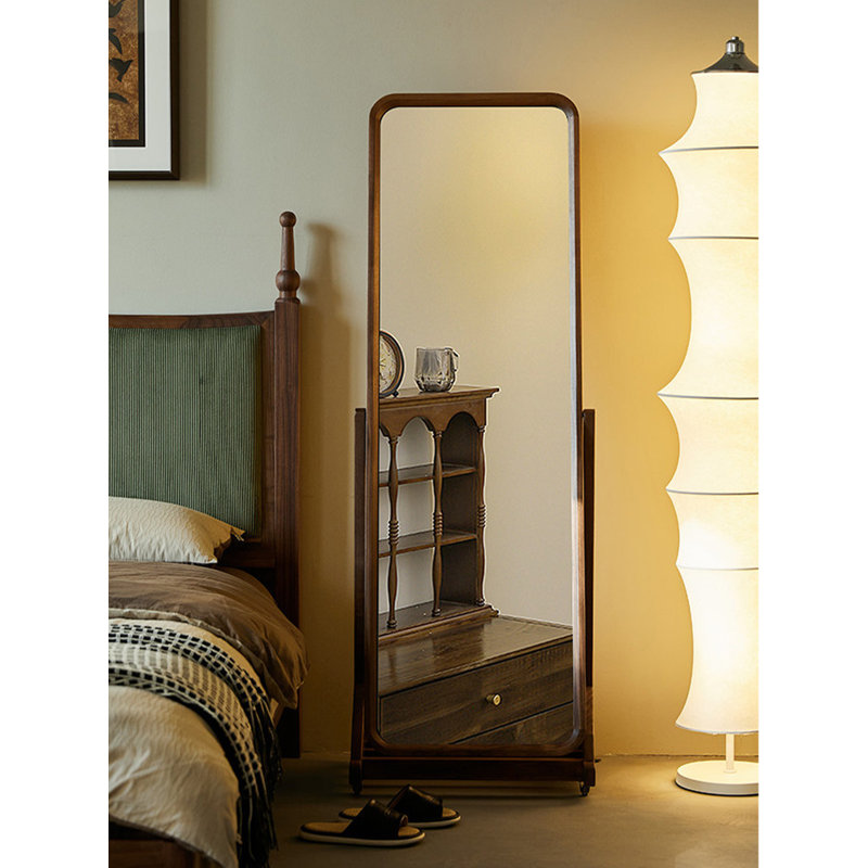 Retro Black Walnut Solid Wood Movable Adjustable Full-Length Mirror