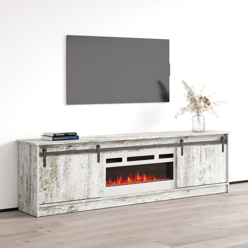 Grigsby 78.7" Modern TV Stand with Electric Fireplace, Matte Finish, Media Storage, White Wash