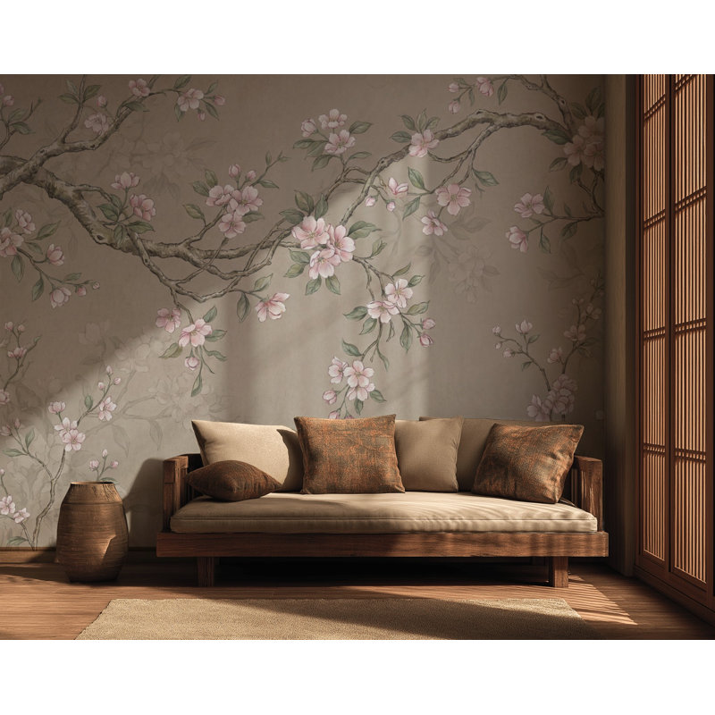Papier peint fleurs de cerisier, aquarelle et branches de sakura, 160 po x 108 po, Non tissé
