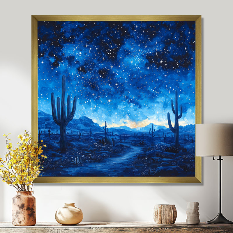 Markcus cactus sous le désert, étoiles bleues I - cactus, H 16 po x l 16 po, Doré, Picture Framed