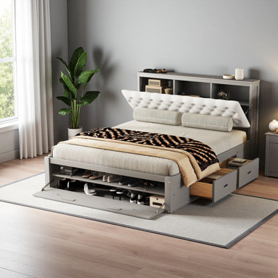 Lit plateforme en bois grand avec tête de lit, étagère à chaussures et 4 tiroirs