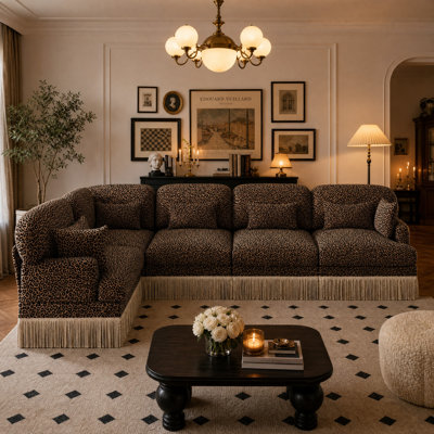 Large Modular Sectional Corner Coucheses with Tassel, 5 Seater Sofa Big Comfy Leopard Chenille L Shaped Couches