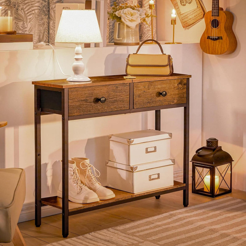 Narrow Console Table With 2 Fabric Drawers Entryway Table With 2 Tier Storage  Thin Sofa Table Side Table For Living Room Hallway Rustic BF71XG01