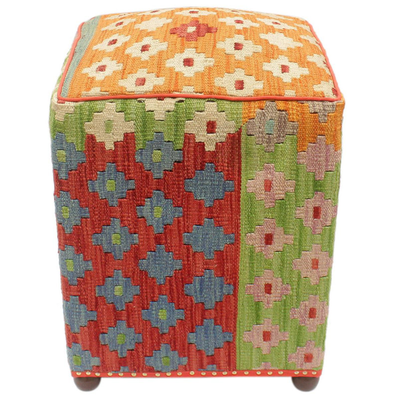 Repose-pieds standard carré de 15 po de largeur Aprea, Bleu / beige / rouge foncé / laine orange
