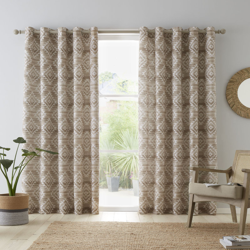 Aztec Geo Lined Eyelet Curtains, Brown, 168 W x 137 D cm