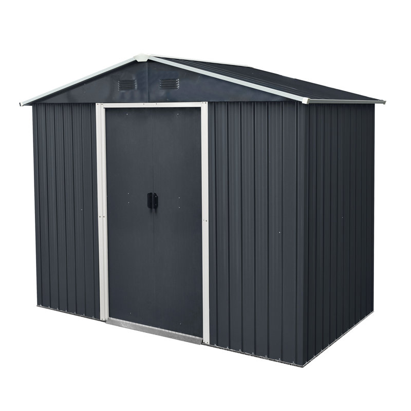 8ft X 4ft Metal Storage Unit With Design, Black And White Shed For Outdoor Sports Equipment Storage, Sliding Door