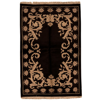 Tapis noir / brun / jaune en laine noué à la main de conception unique 6 pi x 9 pi