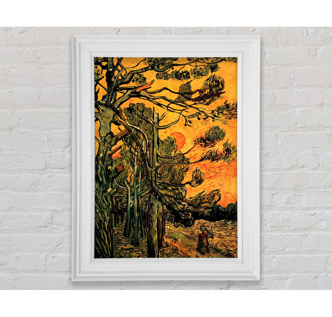 Gerahmtes Leinwandbild Pine Trees Against A Red Sky With Setting Sun von Vincent Van Gogh