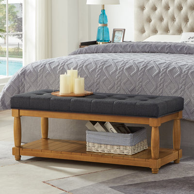 Banc rembourré en lin avec tablette de rangement - Banc repose-pieds capitonné pour le salon de l'entrée de la chambre à coucher, pieds décoratifs en bois massif, gris anthracite