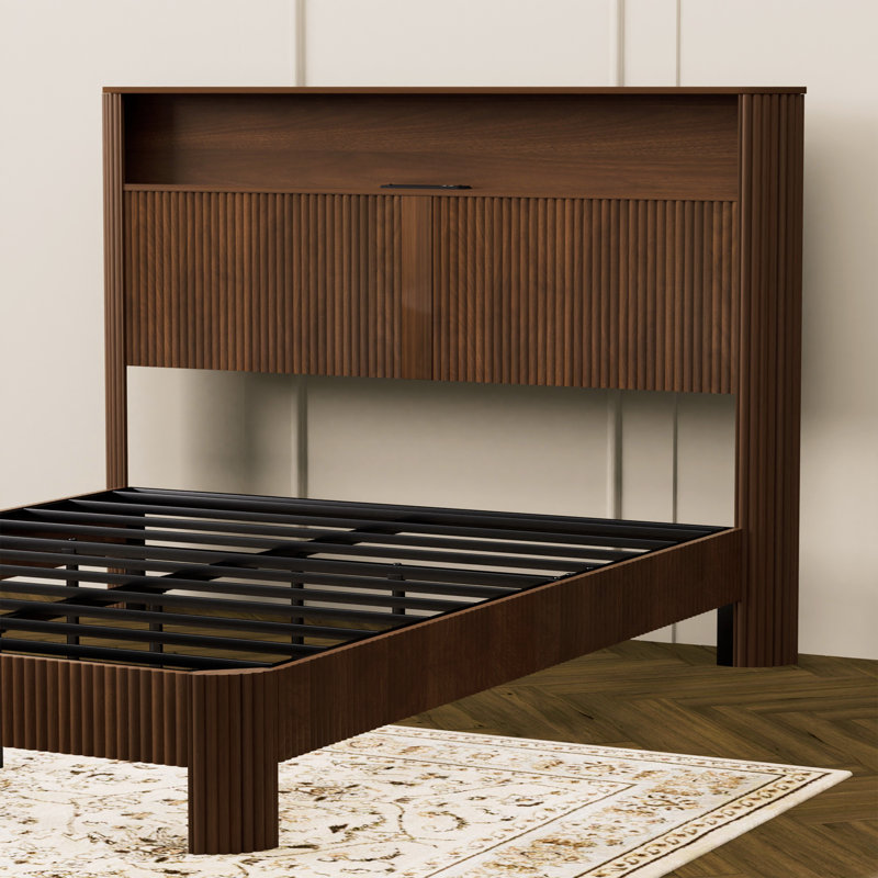 Structure de lit double TG avec tête de lit et station de charge intégrée, Double XL, Noyer