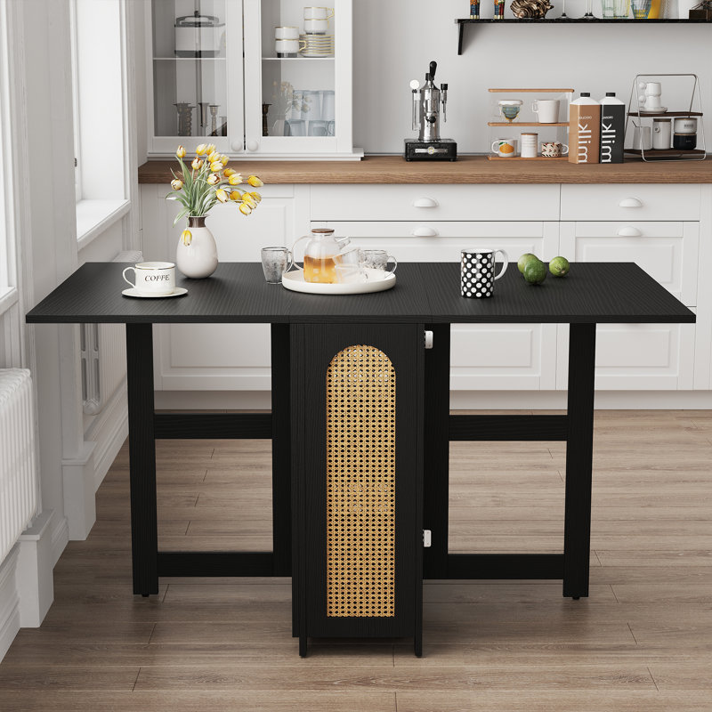 Table de salle à manger pliable à abattants, table de cuisine extensible en rotin avec tablettes de rangement, Noir