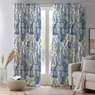 French Country Toile Curtains Blue Rabbits & Blooms