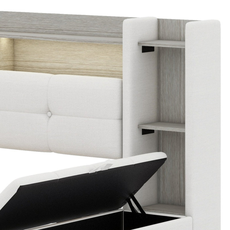 Contemporary Upholstered Daybed Frame with 2 Drawers, LED Lighting, USB Port & Storage Shelves, Beige, Twin
