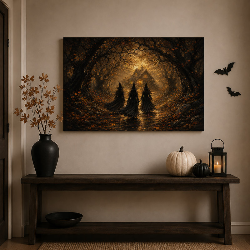 «Three Witches Walking to Lit Cottage In Golden», art mural sur toile, 16"H x 24"W
