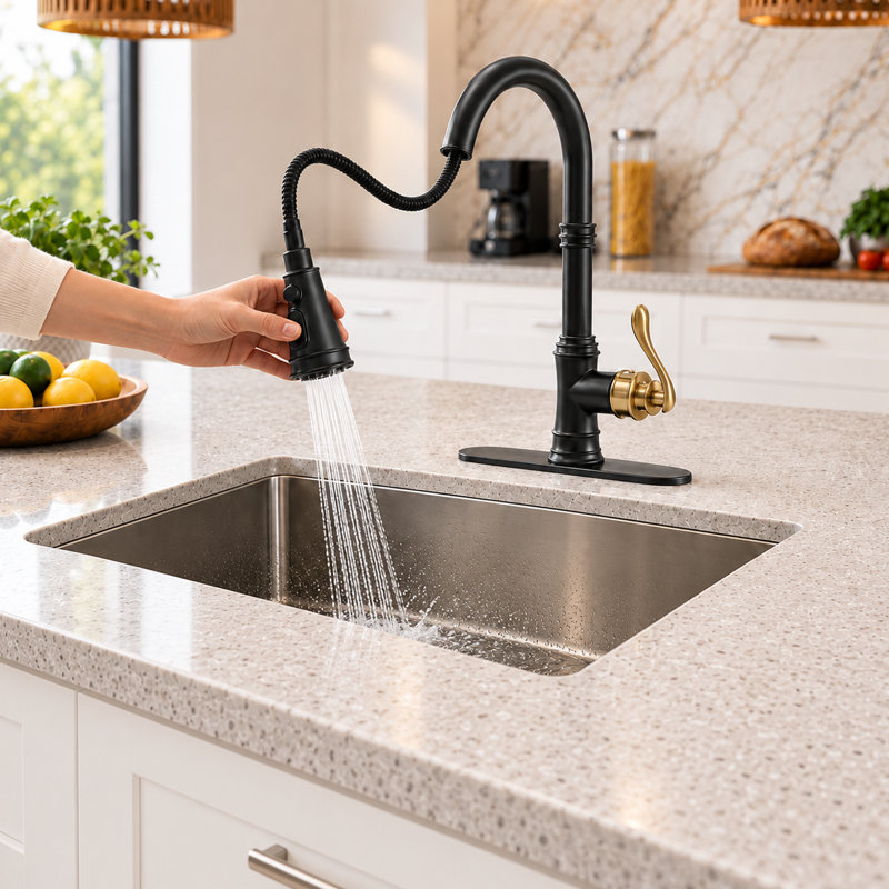Pull‑Down High‑Arc Single‑Handle Kitchen Sink Faucet with 3‑Function Spray Head and 10‑Inch Deck Plate, Modern Kitchen Faucet,Black Gold