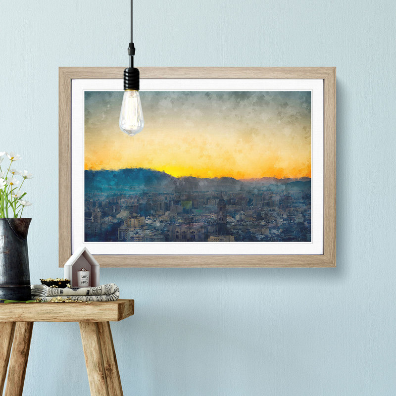 Sunset over Malaga in Spain - Picture Frame Painting Print, 62cm H x 87cm W x 2cm D, Oak Framed