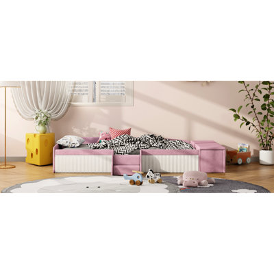 Twin Size Pink+White Velvet Bed With Gas Lift Storage, Stairs, And Padded Features For 'S Bedroom Transformation Upgrade Plan