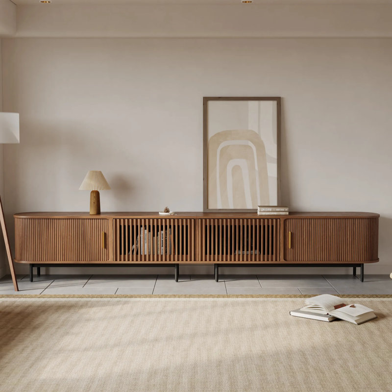 Meuble télé Mid-Century moderne, porte coulissante, entièrement assemblé, H 21,25 po x L 118 po x l 15,75 po, Brun