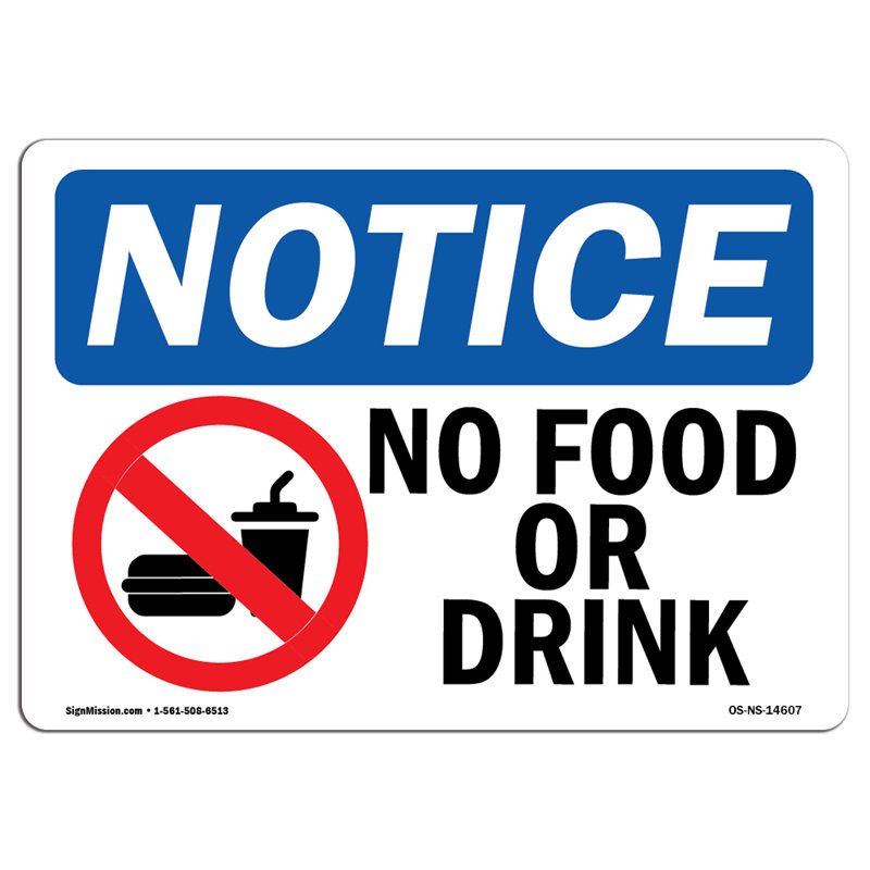 Plaque en plastique 24 po x 18 po No Food or Drink, H 18 po x l 24 po x P 0,1 po